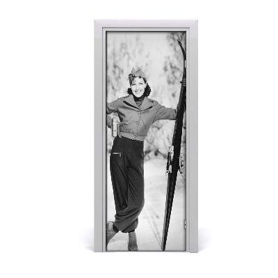 Sticker porte Femme noire et blanche et skis