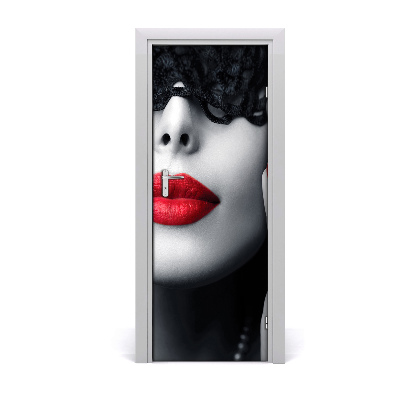Sticker de porte Masque de dentelle lèvres rouges
