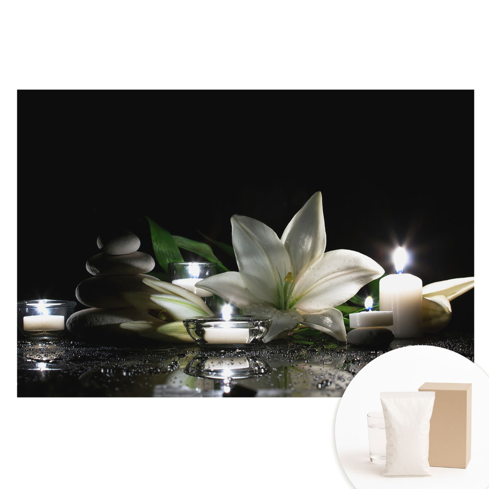 Papier peint photo grand format motif lys avec pierres et bougies