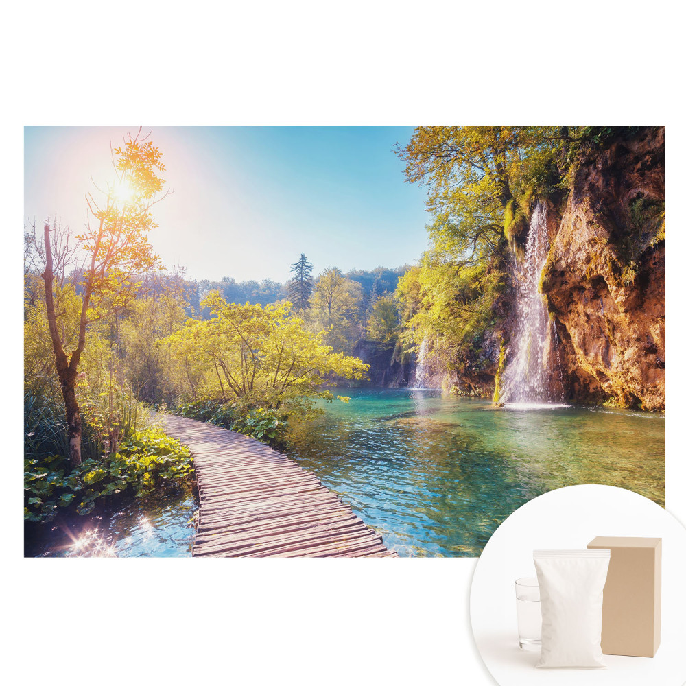 Papier peint panoramique sur intissé Paysage de lac et cascade
