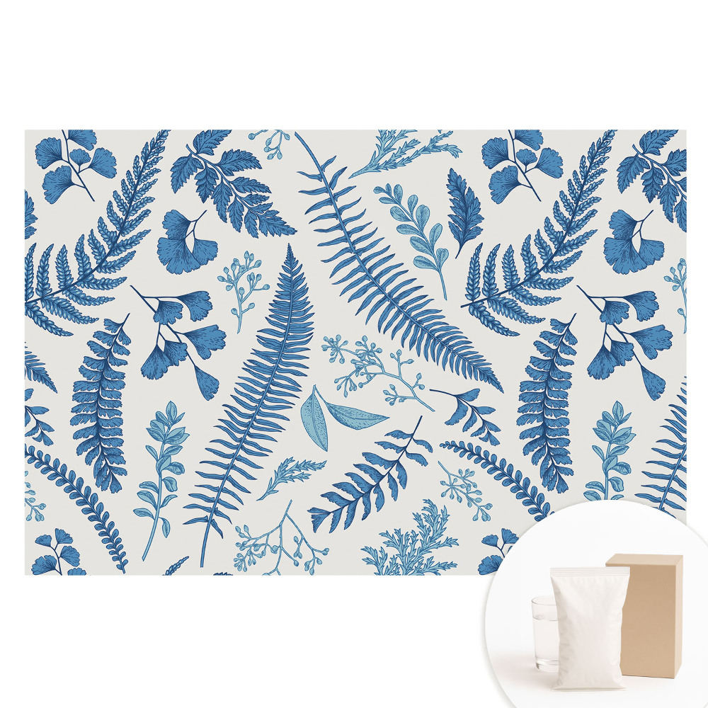 Papier peint photo intissé motif feuilles bleues sur fond blanc