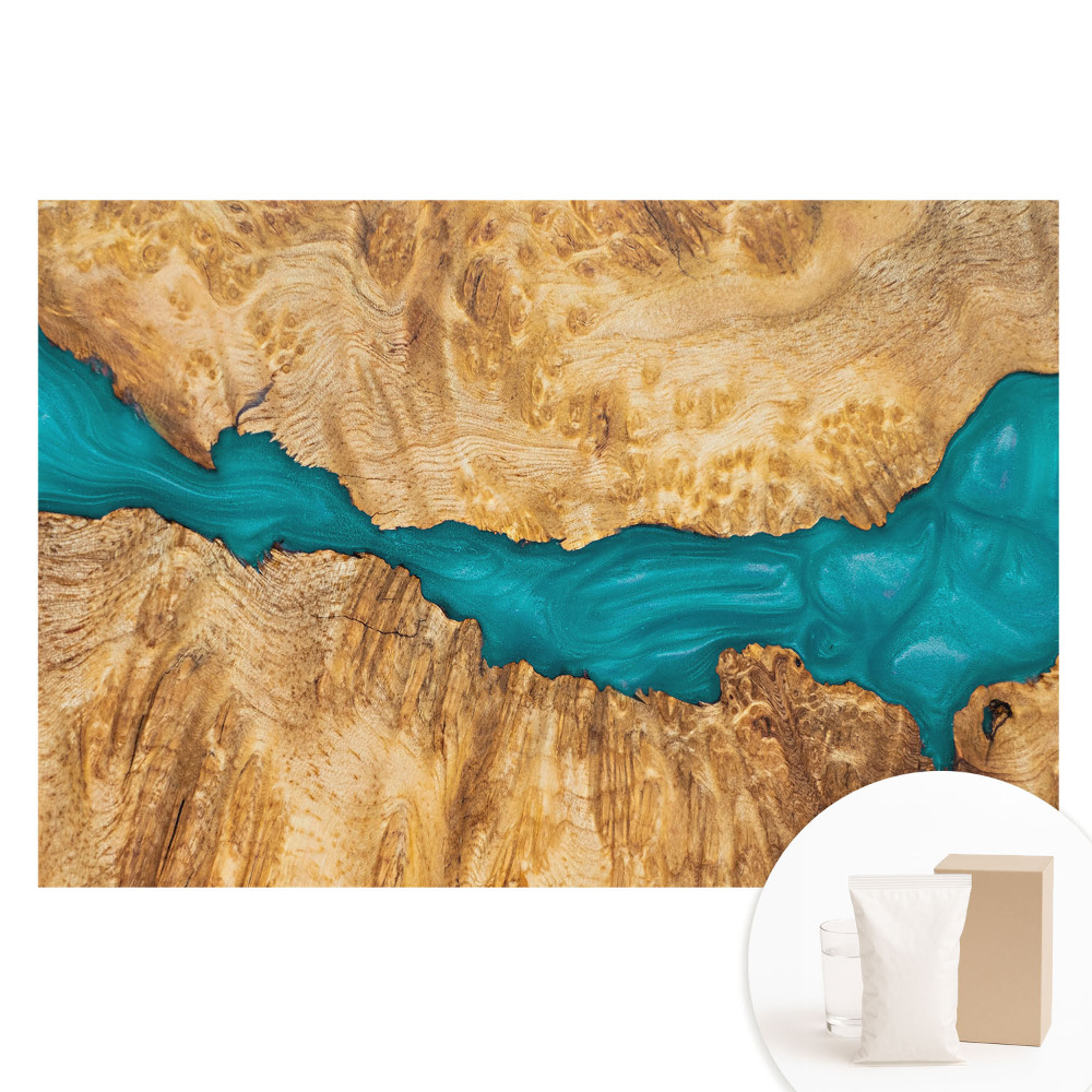 Papier peint intissé imprimé effet résine bleue et bois naturel