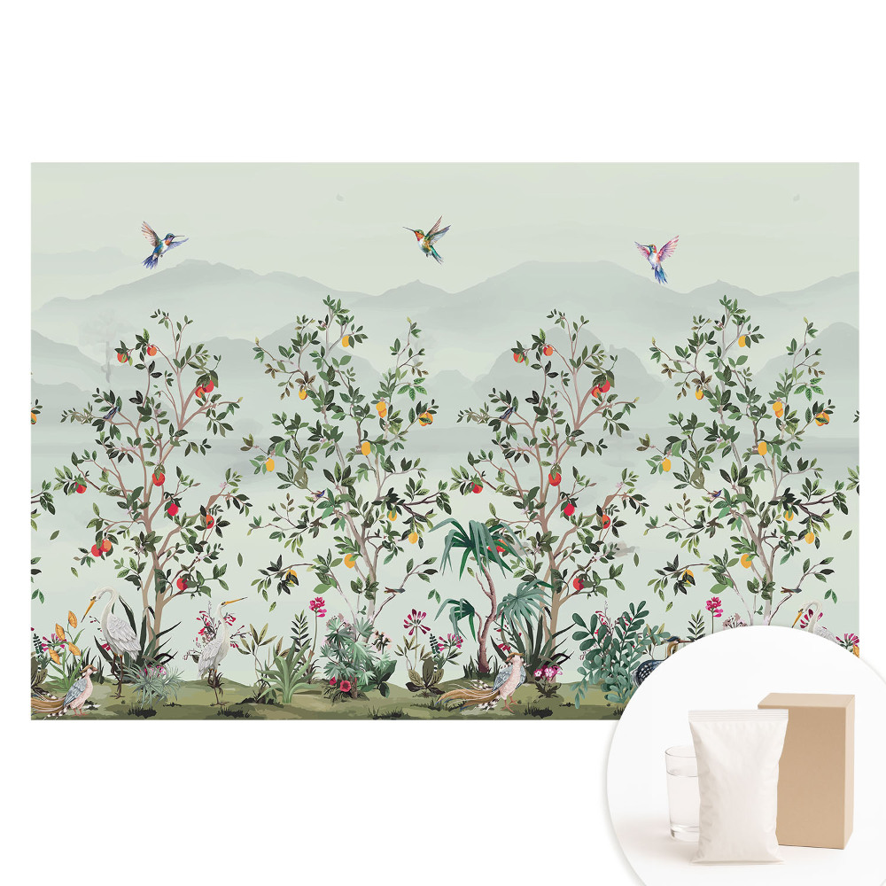 Papier peint panoramique intissé paysage naturel exotique et oiseaux