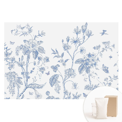 Papier peint photo sur intissé Fleurs bleues délicates et oiseaux