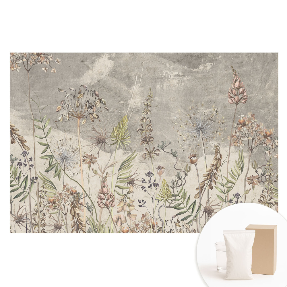 Papier peint photographique intissé Fleurs rustiques sur fond gris