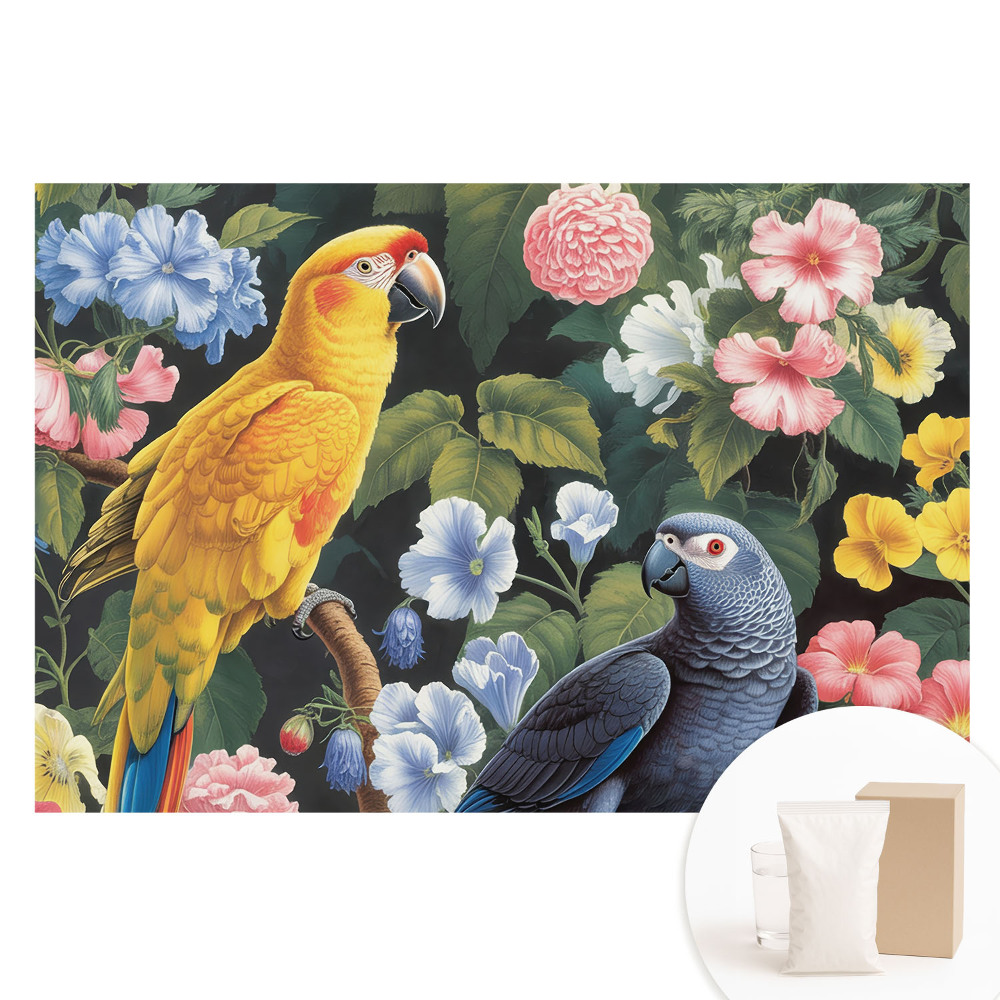 Papier peint intissé motifs d'oiseaux tropicaux et fleurs colorées