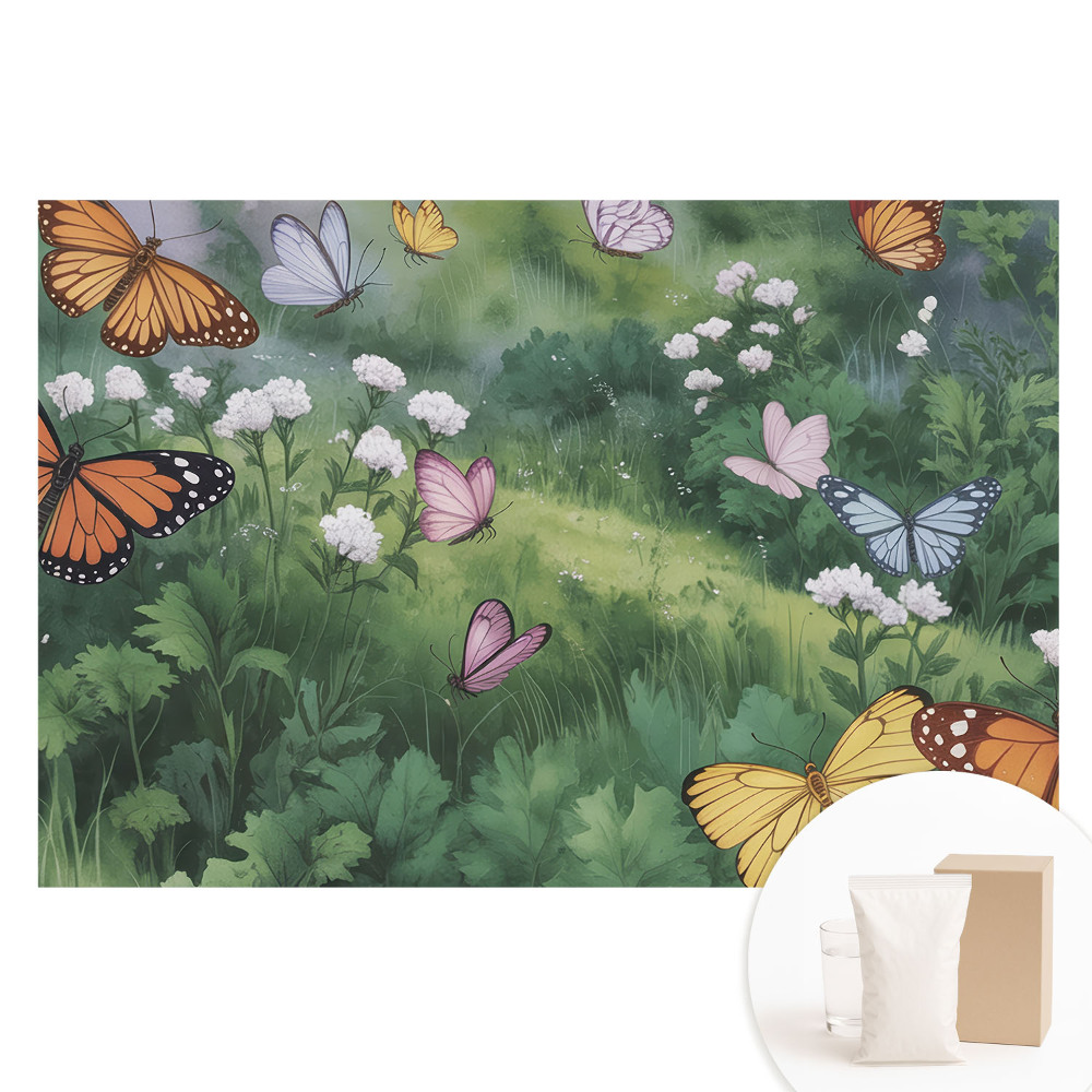 Papier peint photo intissé Papillons multicolores au-dessus d'une prairie fleurie