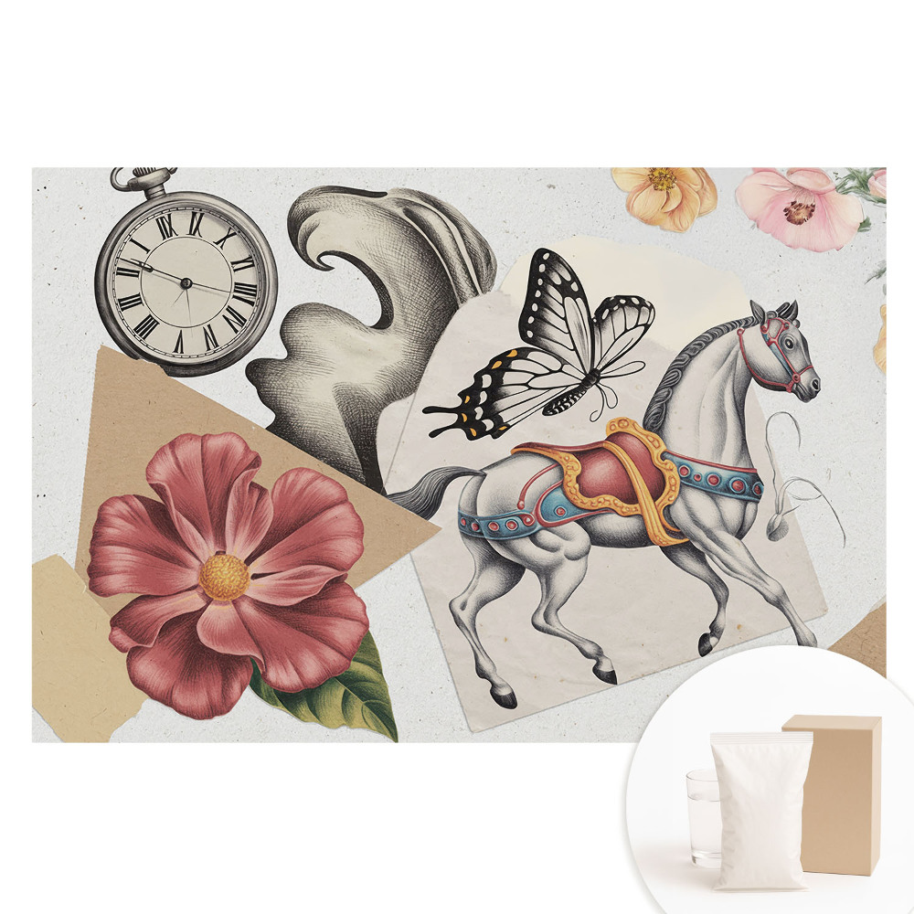 Papier peint panoramique intissé motif vintage avec cheval et fleurs