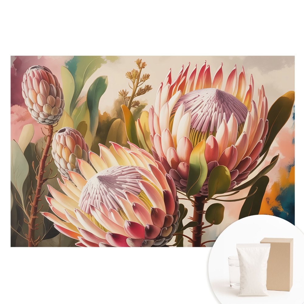 Papier peint panoramique intissé fleurs de protéa aux tons pastel