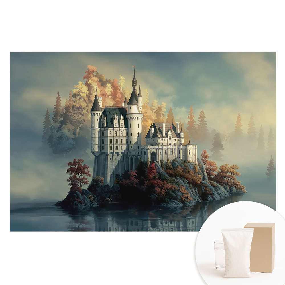Papier peint photo sur tissu non tissé représentant un château en automne se reflétant dans l'eau
