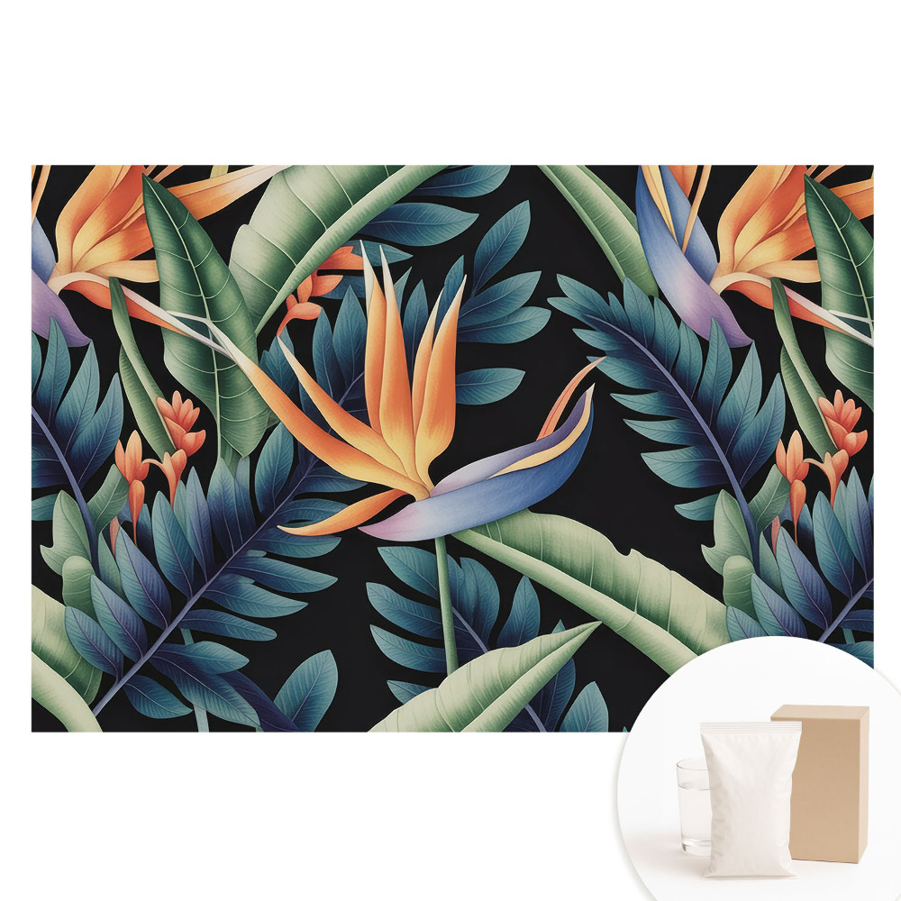 Papier peint panoramique intissé fleurs tropicales sur fond noir