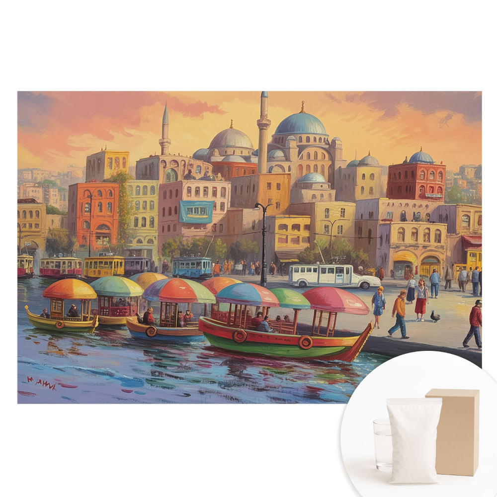 Papier peint panoramique intissé bateaux colorés et dômes de ville