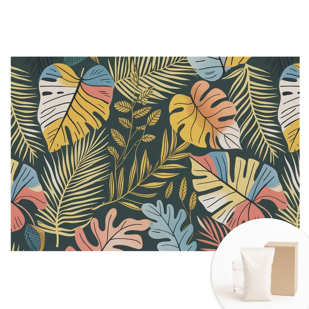 Papier peint panoramique sur tissu non tissé Feuilles tropicales colorées sur fond sombre