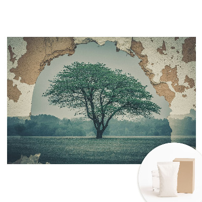 Papier peint intissé motif arbre nostalgique sur fond de vieux mur