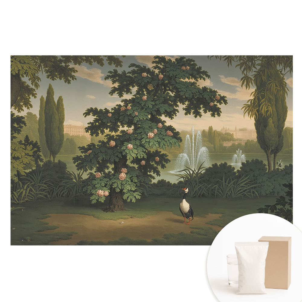 Papier peint photographique intissé Un jardin pittoresque avec un arbre et un oiseau