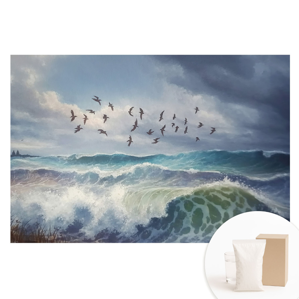 Papier peint intissé avec motif d'oiseaux et vagues de la mer