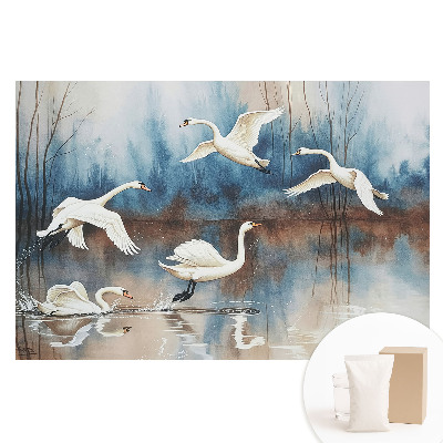 Papier peint panoramique intissé représentant des cygnes sur un lac dans une forêt brumeuse