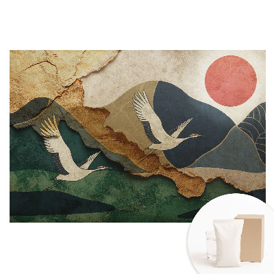 Papier peint photographique sur tissu non tissé Grues et soleil rouge, paysages pittoresques