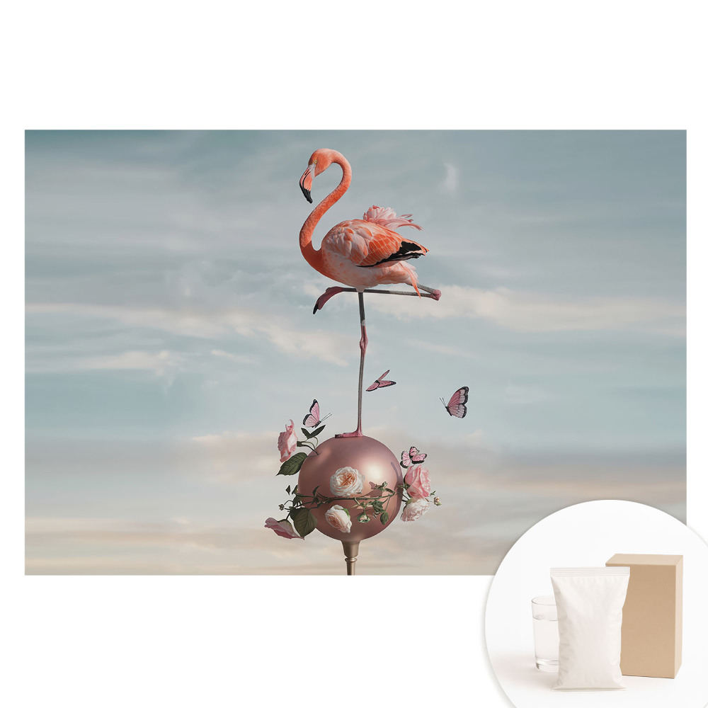 Papier peint photo sur tissu non tissé motif flamant rose avec fleurs et papillons