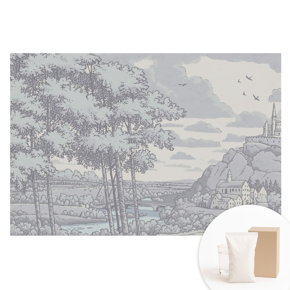 Papier peint intissé illustrant un château, une forêt et une rivière dans un style classique