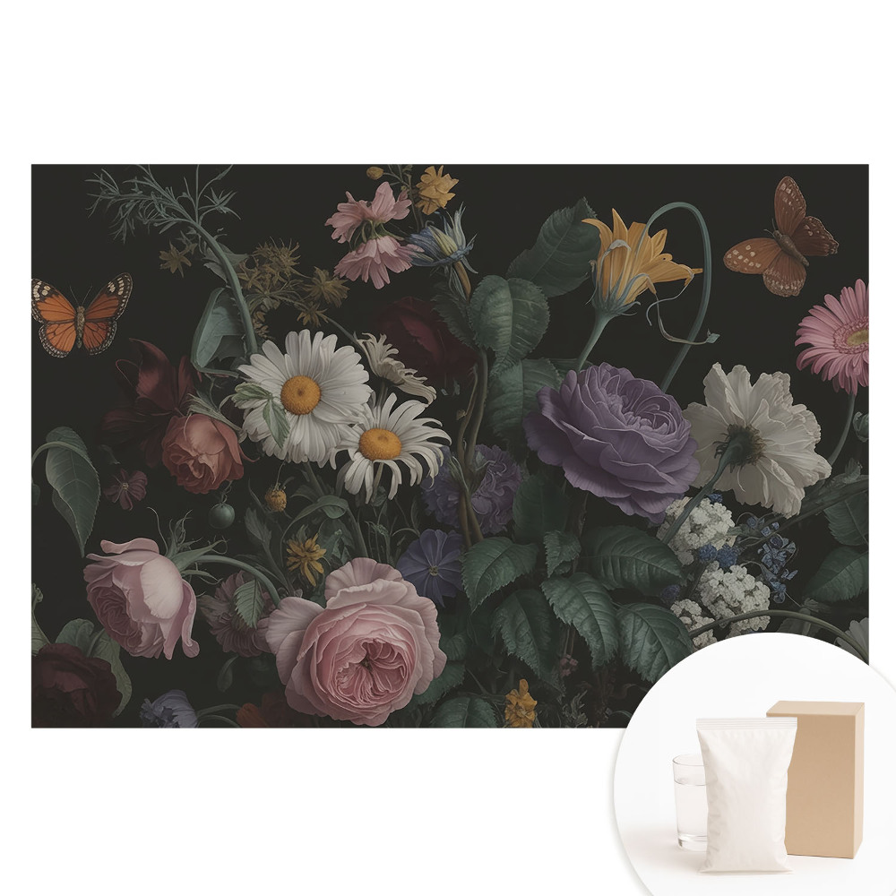 Papier peint photo sur intissé Bouquet de fleurs et papillons sur fond sombre