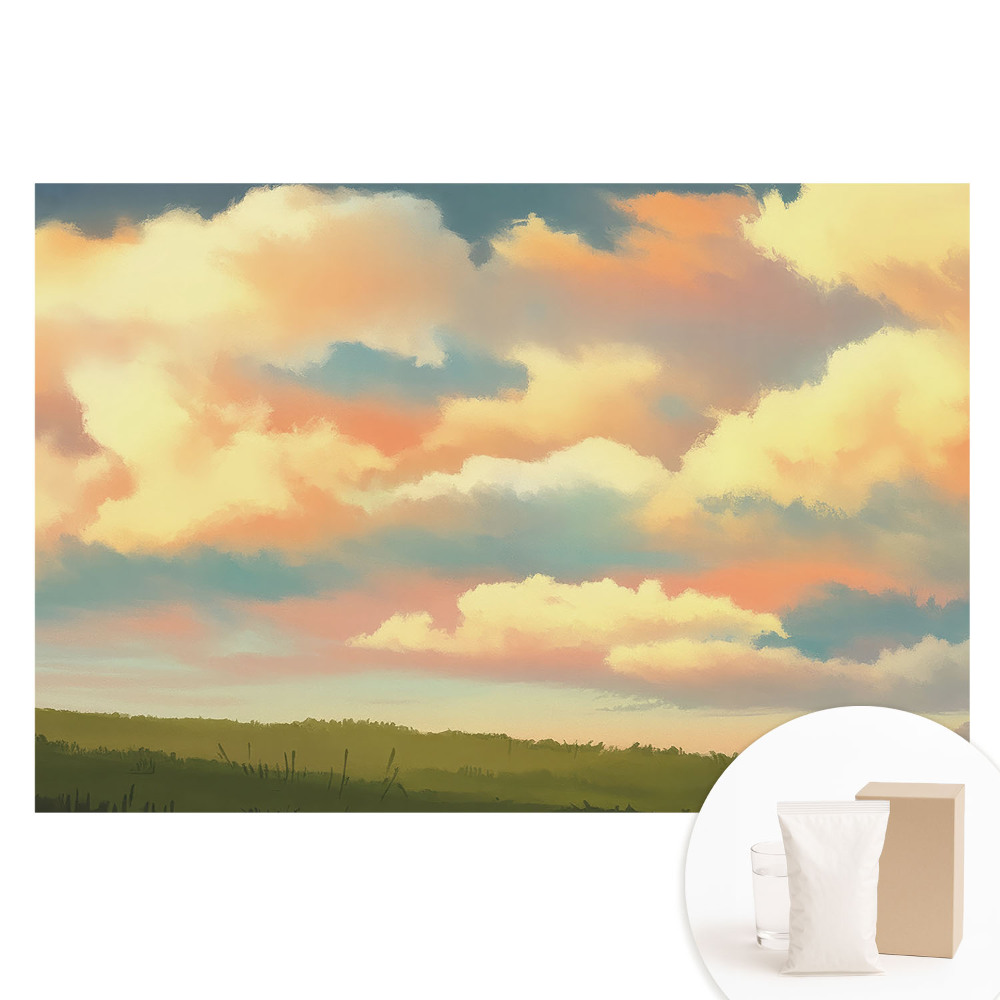 Papier peint intissé imprimé Impression de prairie avec des nuages ​​pastel