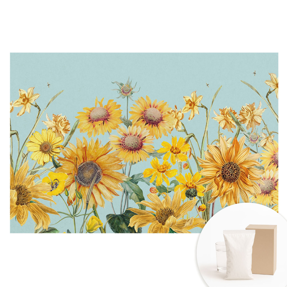 Papier peint photo grand format pour le mur Tournesols et fleurs rustiques sur fond bleu