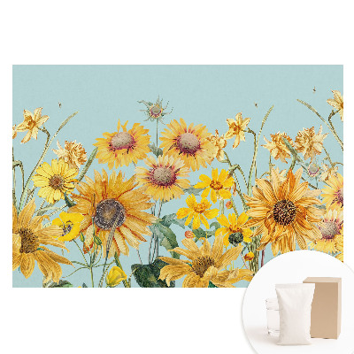 Papier peint photo grand format pour le mur Tournesols et fleurs rustiques sur fond bleu