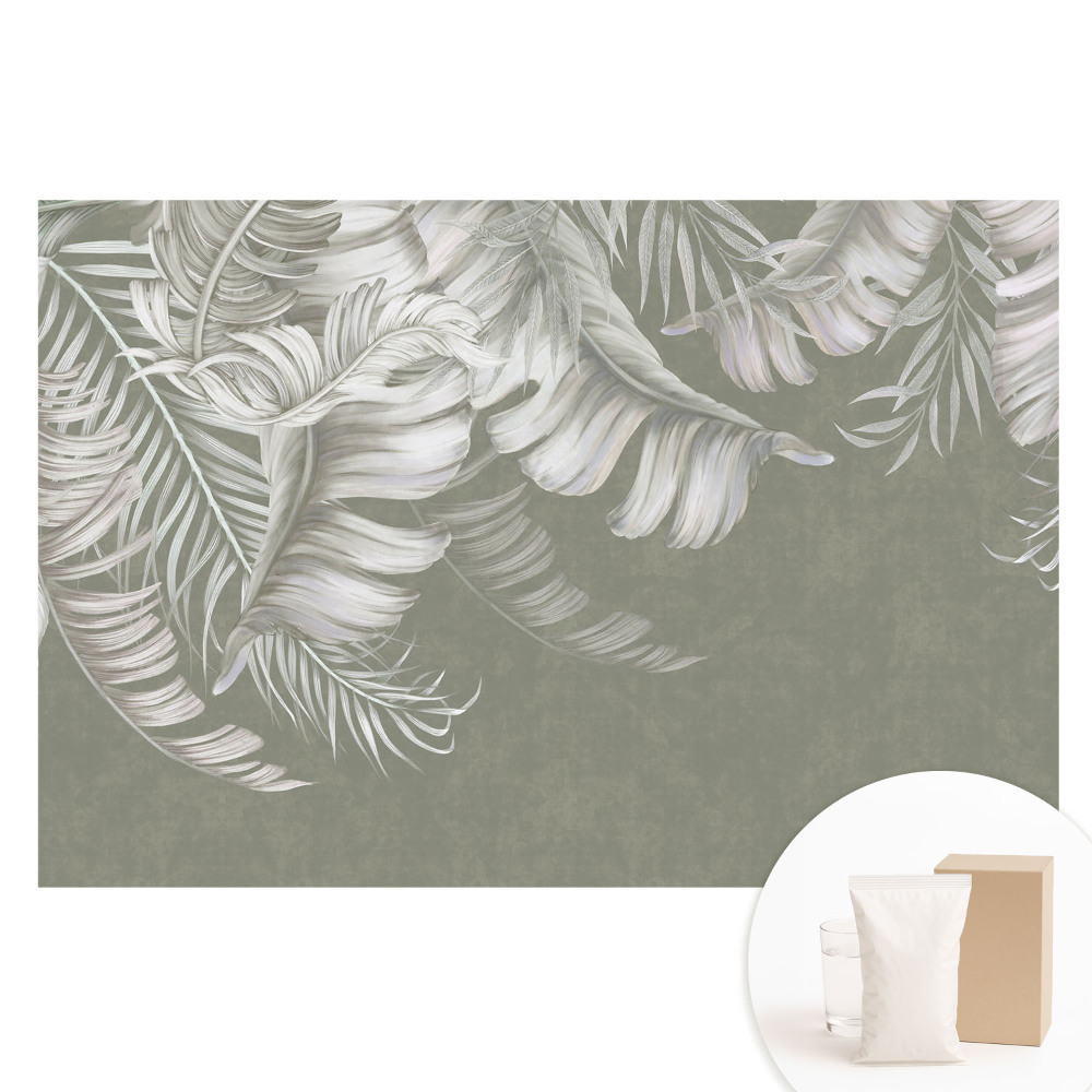 Papier peint photo sur tissu non tissé à motif de feuilles tropicales subtiles sur fond gris