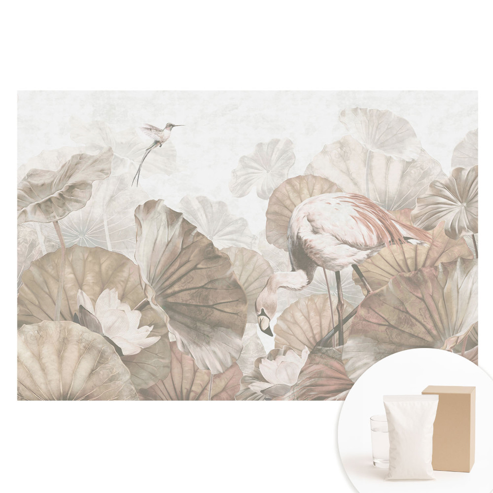 Papier peint photo sur intissé motif flamant rose et feuilles