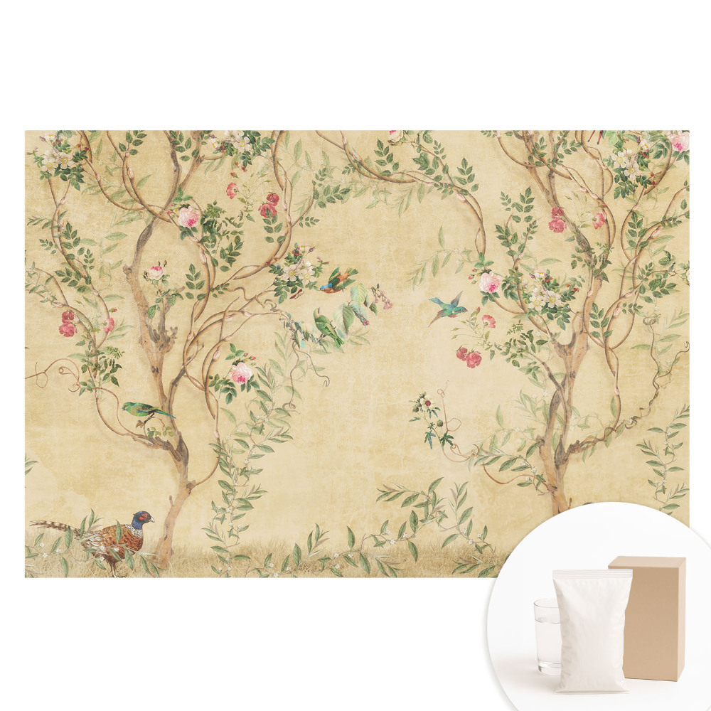 Papier peint photographique sur tissu non tissé Un arbre élégant avec des fleurs et des oiseaux