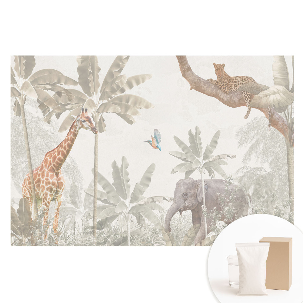 Papier peint panoramique intissé Faune et flore exotiques dans des tons pastel