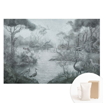 Papier peint photo grand format motif paysage forestier mystérieux au bord du lac