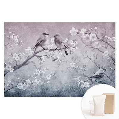 Papier peint intissé motif oiseaux sur branches fleuries