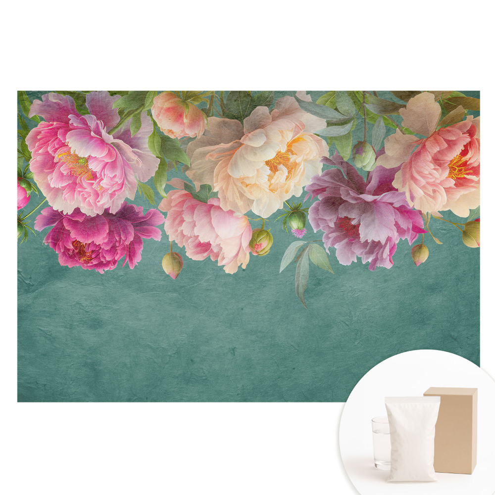 Papier peint intissé à motif de pivoines colorées sur texture aquarelle