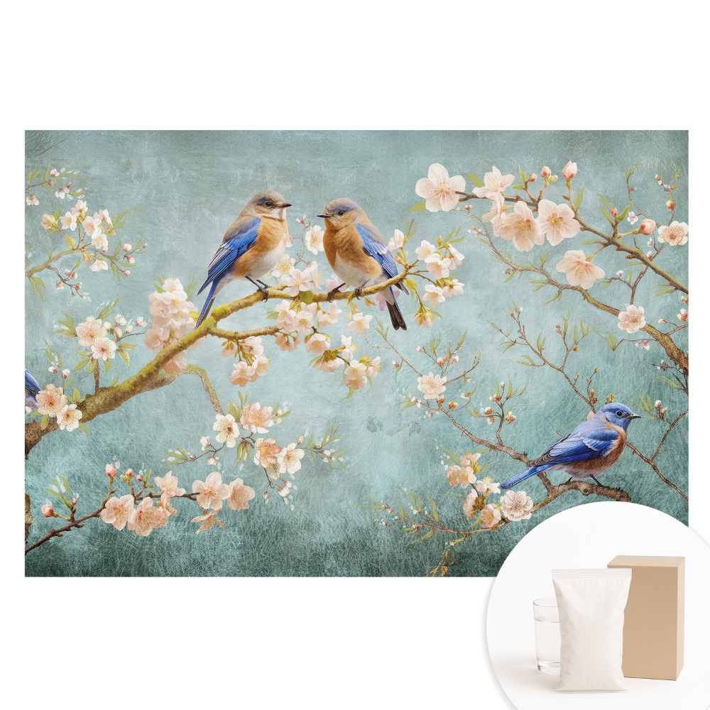 Papier peint intissé photographique motifs d'oiseaux sur branches fleuries dans les tons pastel