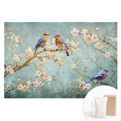 Papier peint photographique intissé Oiseaux sur des branches fleuries, motif pastel
