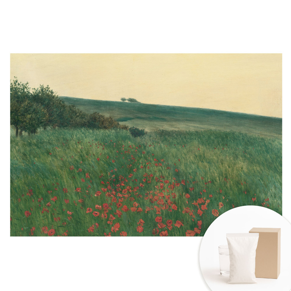 Papier peint photo grand format représentant une prairie rustique avec des coquelicots et des arbres