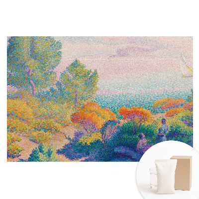 Papier peint intissé panoramique représentant une scène de bord de mer impressionniste aux tons pastel