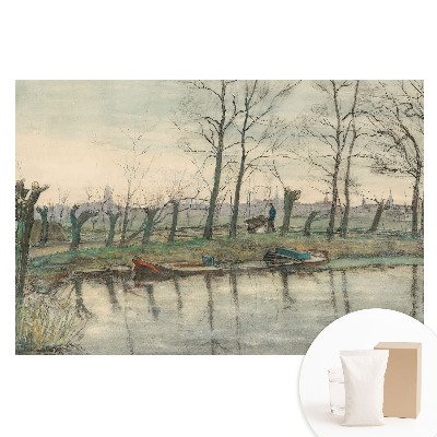Papier peint intissé imprimé Paysage avec rivière et allée d'arbres