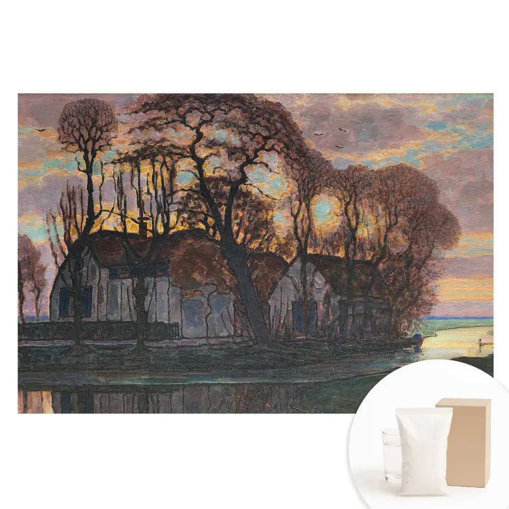 Papier peint photo intissé Coucher de soleil avec arbres et rivière