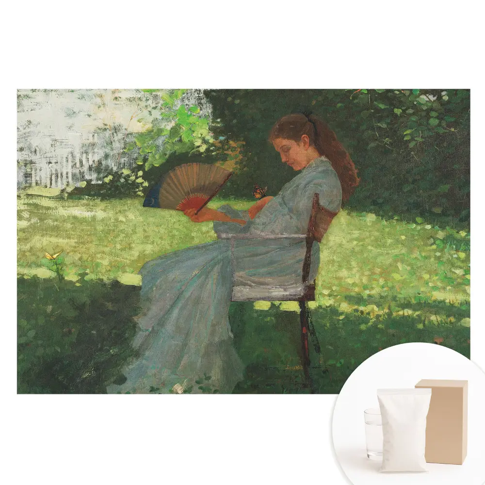 Papier peint intissé représentant une femme avec un éventail dans un jardin