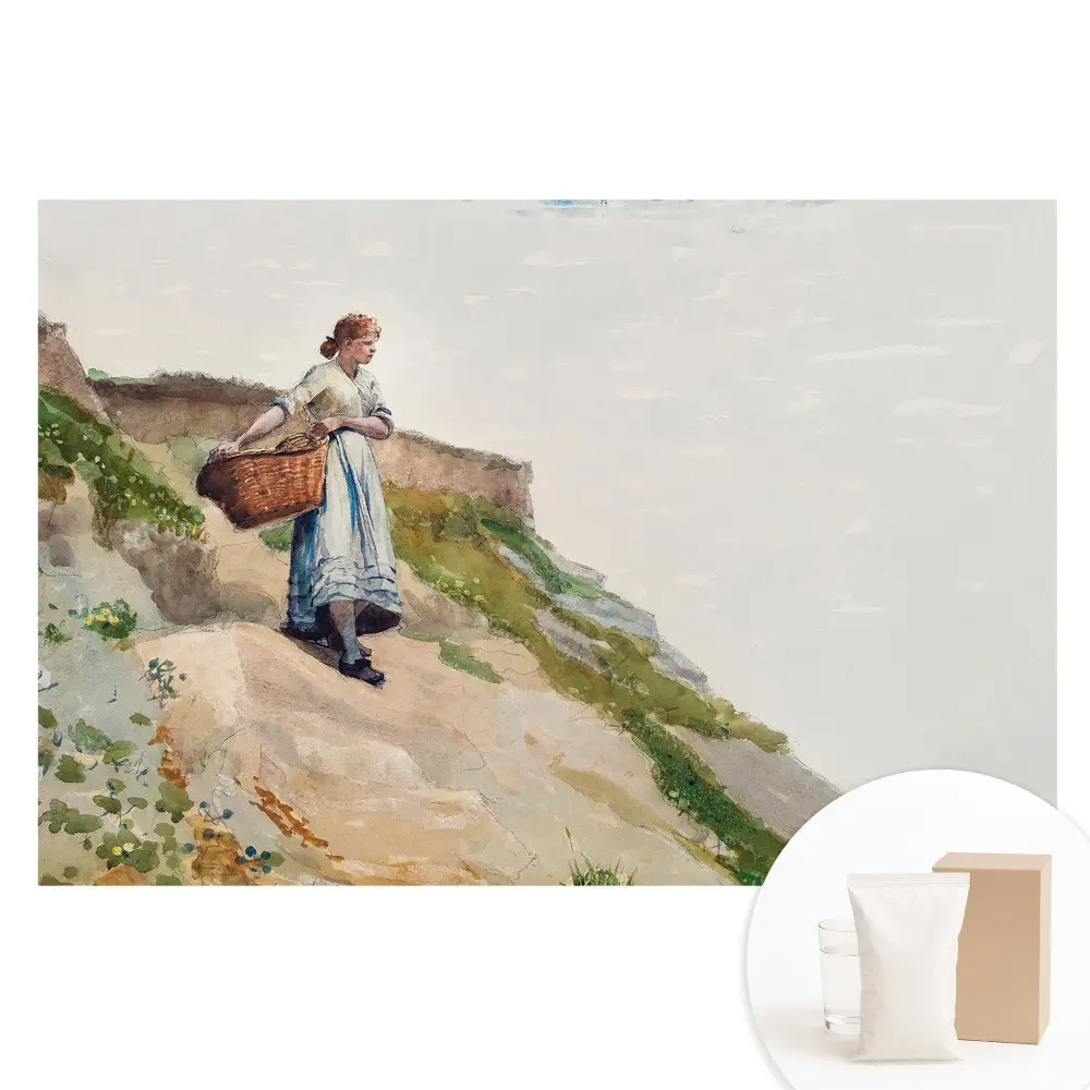 Papier peint intissé représentant une femme avec un panier sur une pente