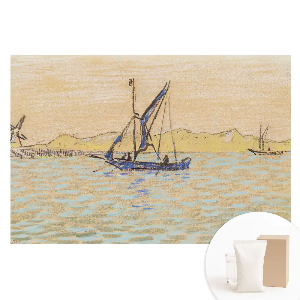 Papier peint intissé panoramique paysage pastel avec moulin à vent et bateau