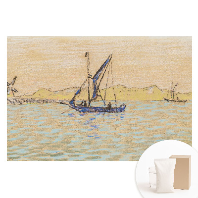 Papier peint photographique intissé paysage pastel, moulin à vent, bateau