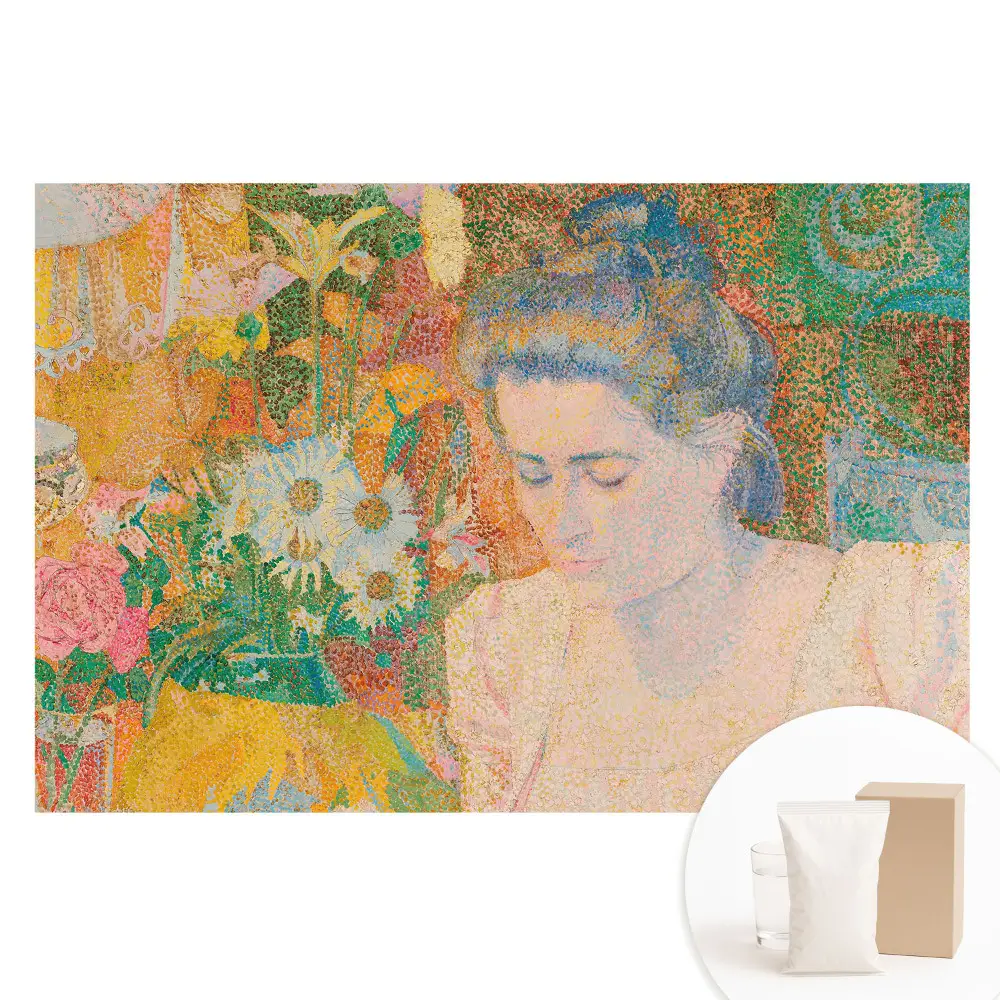 Papier peint intissé représentant une femme pensive entourée de fleurs