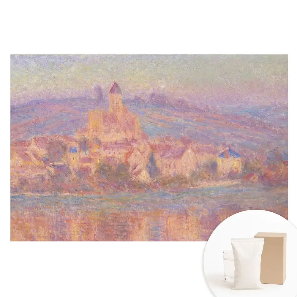 Papier peint panoramique sur intissé représentant une ville aux teintes pastel dans les collines