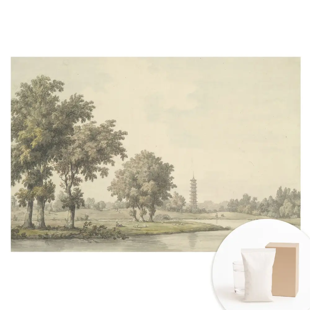 Papier peint intissé représentant un paysage pittoresque avec une pagode et un étang