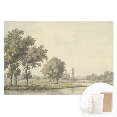 Papier peint intissé imprimé Un paysage pittoresque avec une pagode et un étang