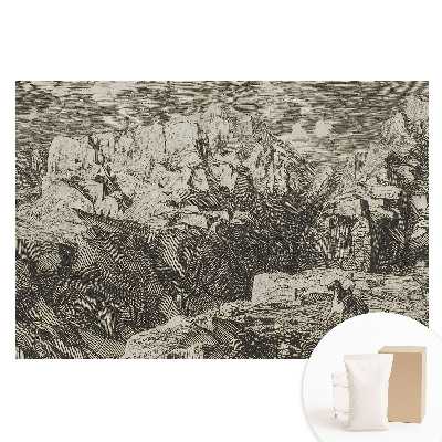Papier peint panoramique intissé Motif graphismes classiques avec rochers et personnage à l'âne
